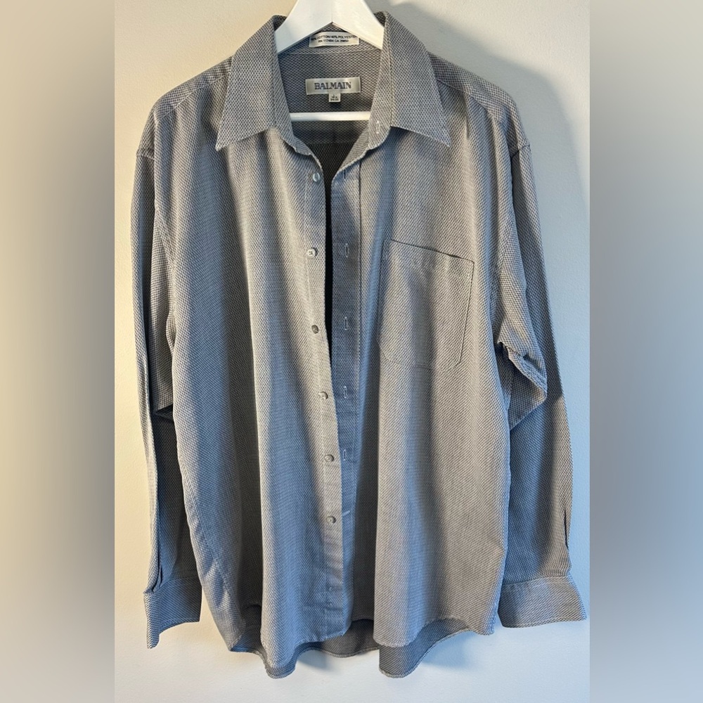 Balmain Mens Button-Up Long Sleeve Shirt Size L 16.5 34/35 Grey Tweed Pattern